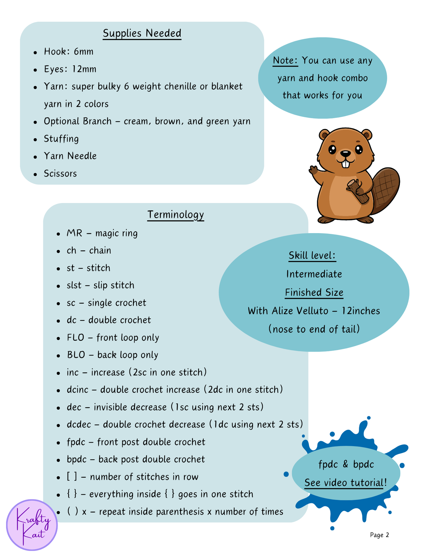 Crochet PATTERN: Aspen the Beaver - Optional Chewed Branch Accessory - No-Sew Amigurumi Beaver