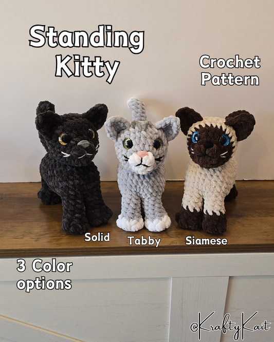 Crochet PATTERN: Standing Kitty - Siamese Tabby Solid Color Cat - Amigurumi Plushie